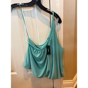 Express Womens One Shoulder Bubble Hem Draped Top Teal Blue Size M NWT 06410594